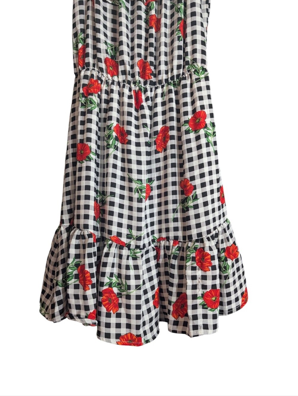 Everly Gingham Poppy Floral Off Shoulder Ruffle Dress Fit & Flare Made in USA S - Picture 4 of 9
